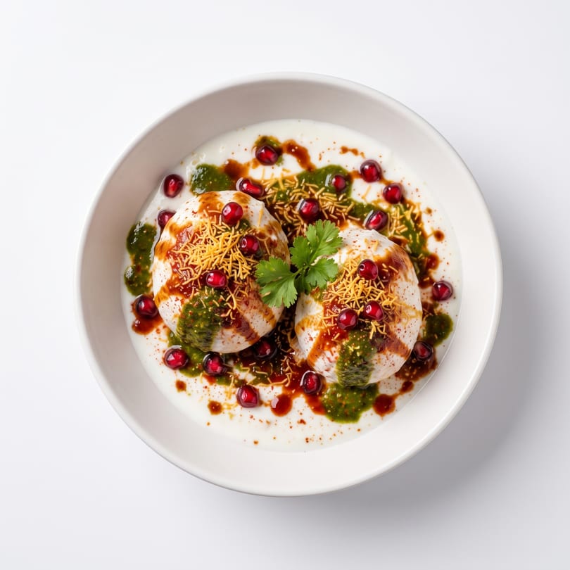 Two white lentil dumplings in yogurt, topped with green and brown chutneys, pomegranate, and sev.