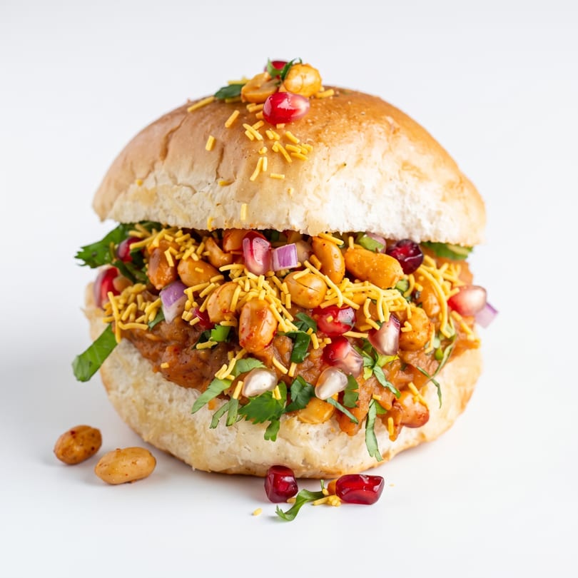 Round bun filled with a savory mixture, garnished with peanuts, pomegranate seeds, red onion, and crunchy sev.