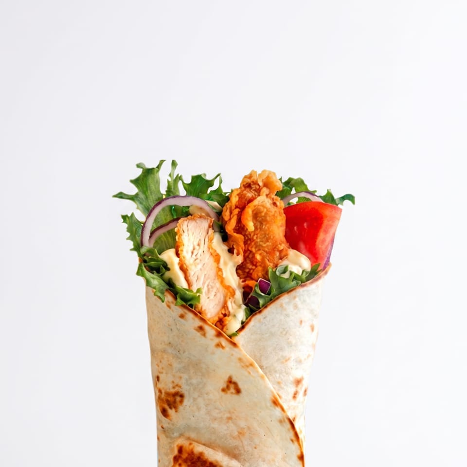Fried chicken wrap with fresh lettuce, red onion, tomato, and creamy sauce.